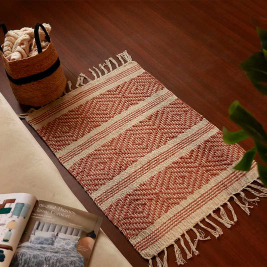 Red & White Hand-loomed Cotton Dhurrie | Floormat | 34x21 Inches