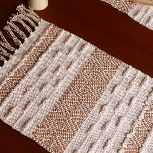 Handmade White & Beige Diamond Table Placemats | Set of 4, 6 | 13x19 Inches