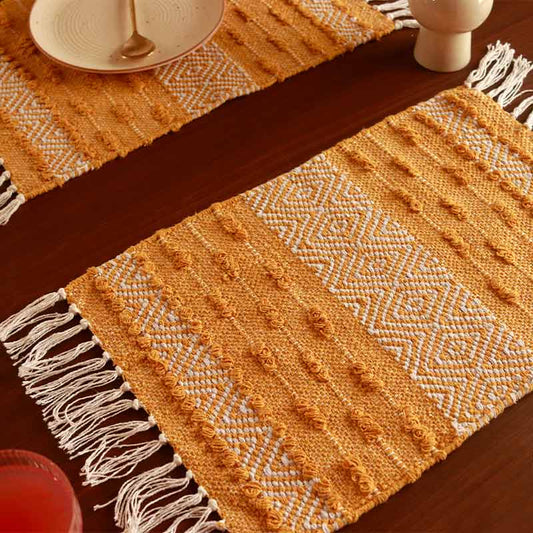 Handmade Ocher Diamond Table Placemats | Set of 4, 6 | 13x19 Inches