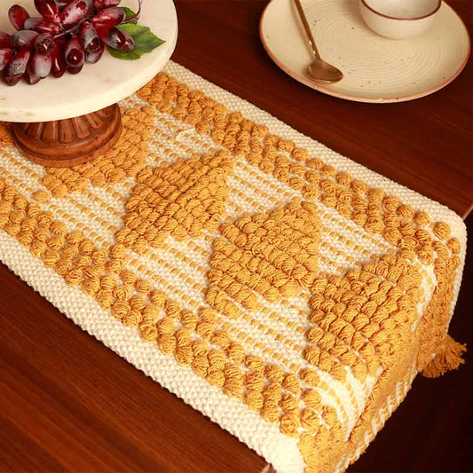 Handmade White & Yellow Diamond Design Table Runner | 13x72 Inches