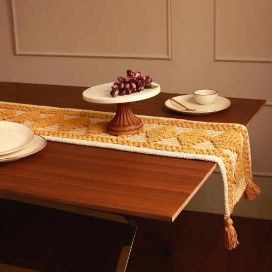 Handmade White & Yellow Diamond Design Table Runner | 13x72 Inches