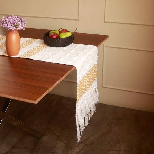 Ochre & White Hand-loomed Cotton Runner | 72 x 13 Inches
