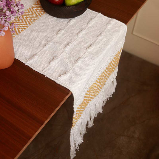 Ochre & White Hand-loomed Cotton Runner | 72 x 13 Inches