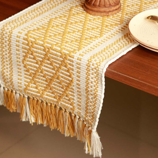 Yellow & White Hand-loomed Cotton Runner | 72 x 13 Inches