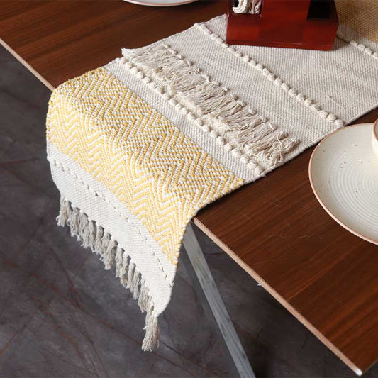 Ochre & White Hand-loomed Cotton Runner | 72 x 13 Inches