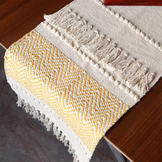 Ochre & White Hand-loomed Cotton Runner | 72 x 13 Inches