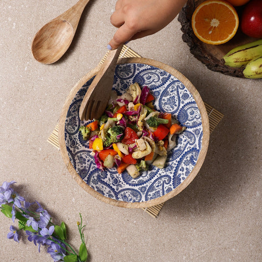 Wooden Large Salad Bowl | Royal Blue Paisley