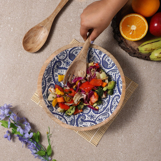 Wooden Large Salad Bowl | Royal Blue Paisley