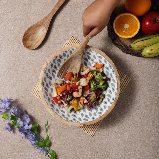 Wooden Large Salad Bowl | White Peacock