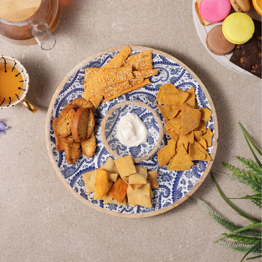 Wooden Circular Dip Bowl Platter | Royal Blue Paisley