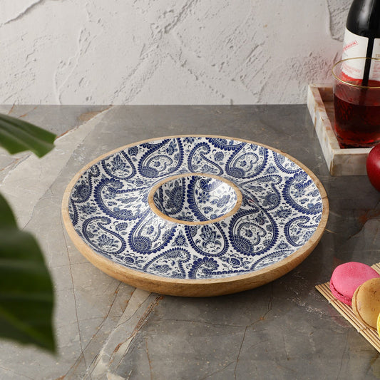 Wooden Circular Dip Bowl Platter | Royal Blue Paisley