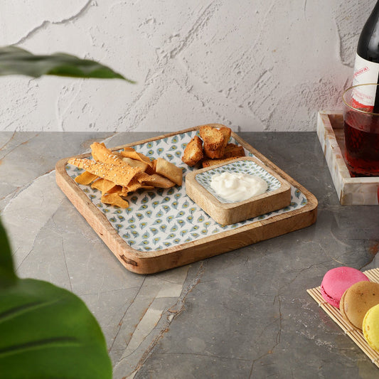 Wooden Square Dip Bowl Platter | White Peacock