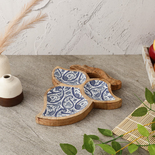 Wooden Tri Leaf Serving Platter | Royal Blue Paisley