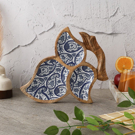 Wooden Tri Leaf Serving Platter | Royal Blue Paisley