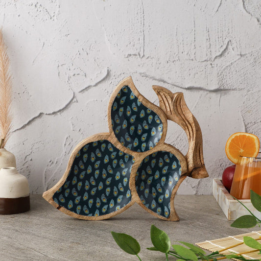 Teal Peacock Tri Leaf Wooden Serving Platter