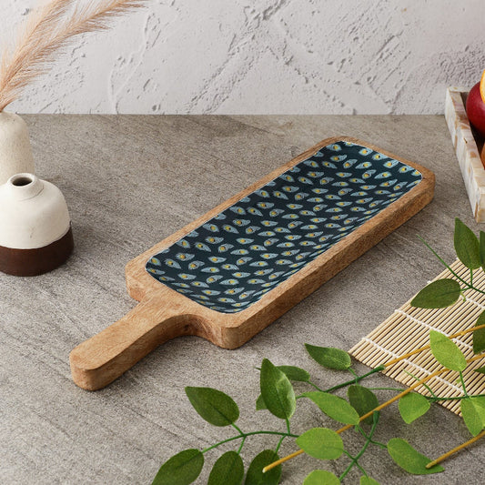 Wooden Paddle Shaped Platter |Teal Peacock Feather