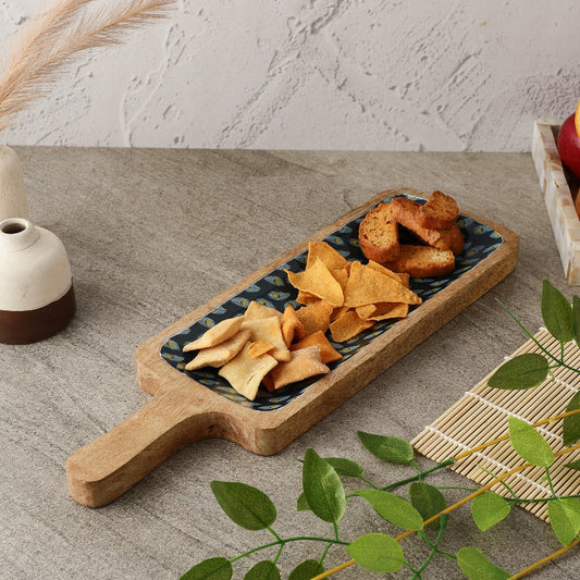 Wooden Paddle Shaped Platter |Teal Peacock Feather