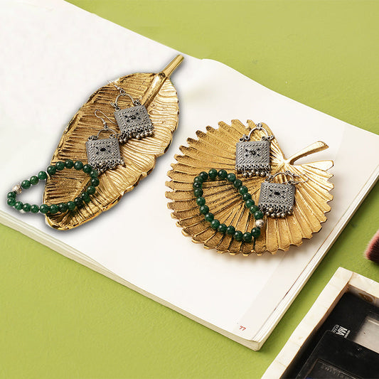 Decorative Leaf Gold Jewelry Metal Trinket Tray | Set of 2