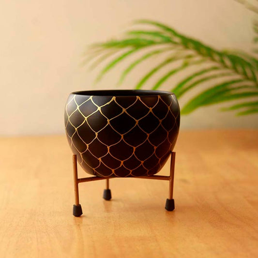 The Kyoto | Black & Gold Metal Pot with Stand | Single & Set of 2