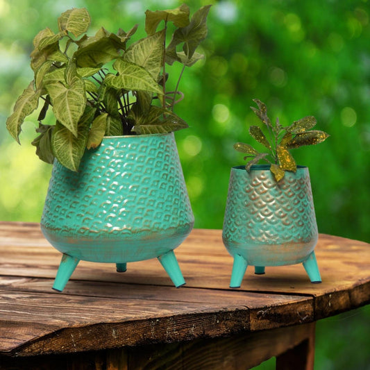 Green Hazel Metal Planter with Stand | Set of 2