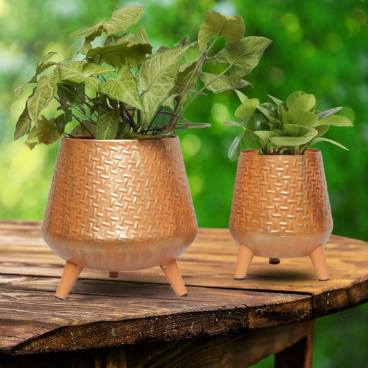 Hazel Checkered Orange Metal Planter with Stand | Set of 2