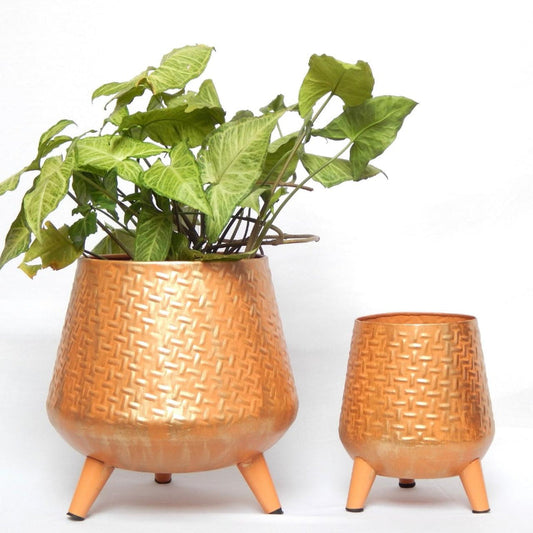 Hazel Checkered Orange Metal Planter with Stand | Set of 2