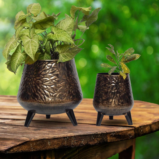 Charcoal Hazel Metal Planter with Stand | Set of 2