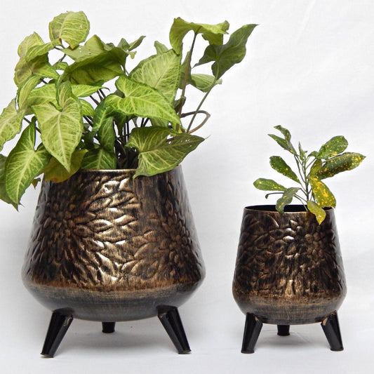 Charcoal Hazel Metal Planter with Stand | Set of 2