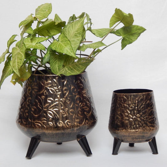 Hazel Charcoal Metal Planter with Stand | Set of 2