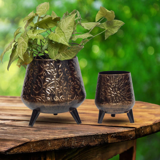 Hazel Charcoal Metal Planter with Stand | Set of 2