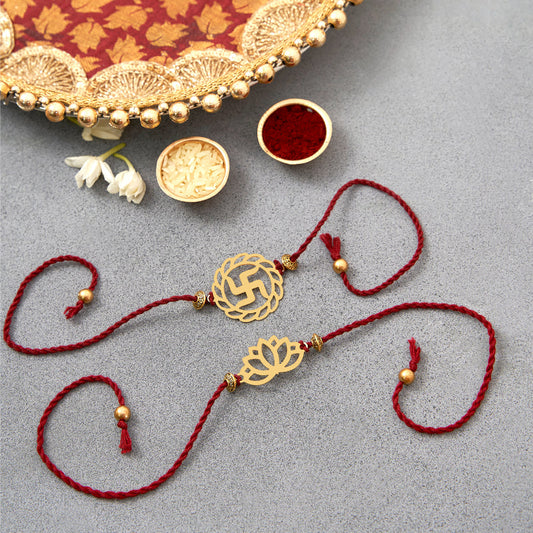 Brass Swastik & Lotus Design Rakhi Cum Keychain Cum Bookmark | Set of 2