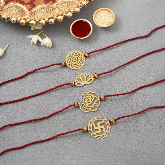 Brass Om, Lotus, Rose & Swastik Rakhi Cum Keychain Cum Bookmark | Set of 4