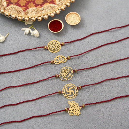 Brass Om, Lotus, Rose, Swastik & Peacock Rakhi Cum Keychain Cum Bookmark | Set of 5