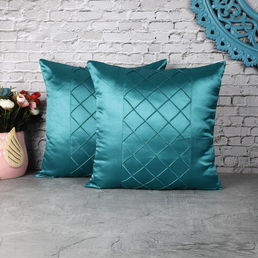 Check Satin Cushion Cover| Turquoise |Set of 2