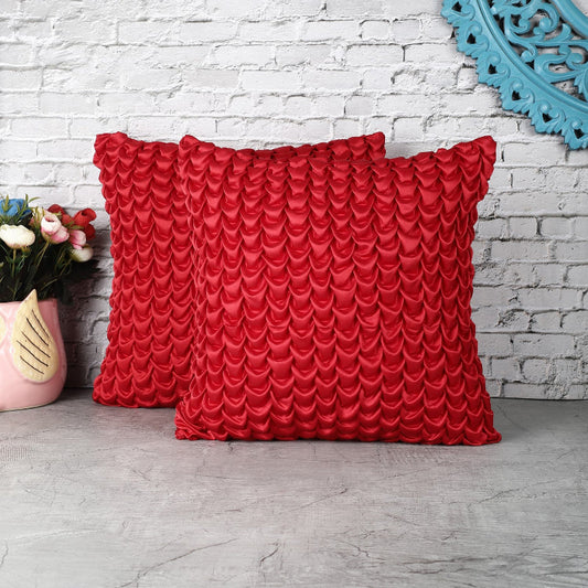 Smocked Satin Cushion Cover| Red |Set of 2