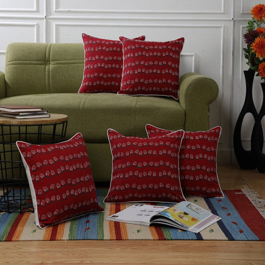 Cotton Two Way Printed Cushion Cover| Red |Set of 5