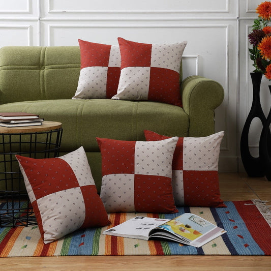 Cotton Two Way Printed Cushion Cover| Red & White |Set of 5