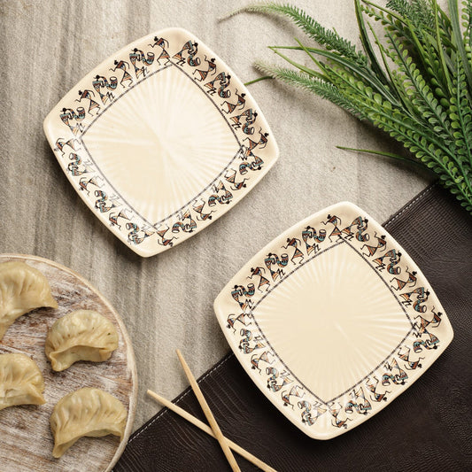 Ceramic Oblong Tribal Art Quarter Plates | Set Of 2