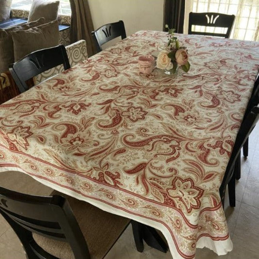 Cotton Bold Block Print White Table Cover With Maroon