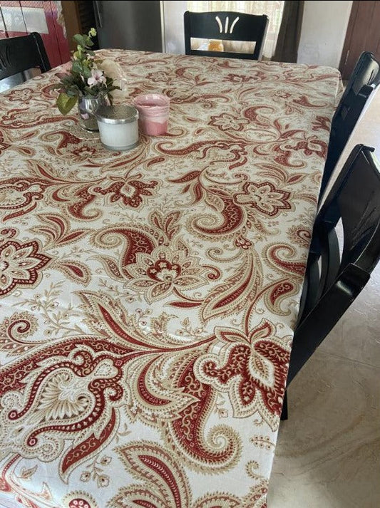 Cotton Bold Block Print White Table Cover With Maroon