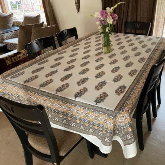 Cream Floral Printed Cotton Table Cover