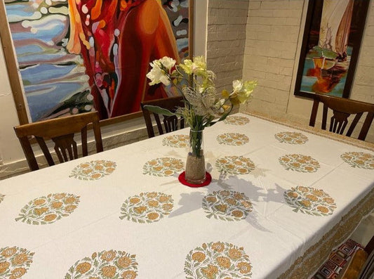 Cream Handblock Cotton Table Cover