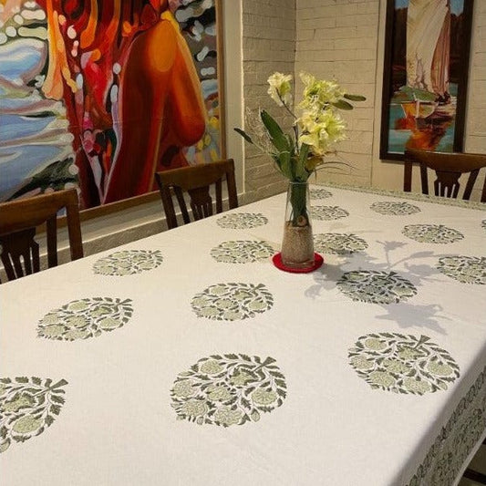 Grey Handblock White Table Cover