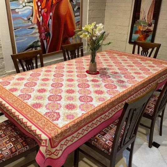 Gold & Pink Block Design Printed Table Cover