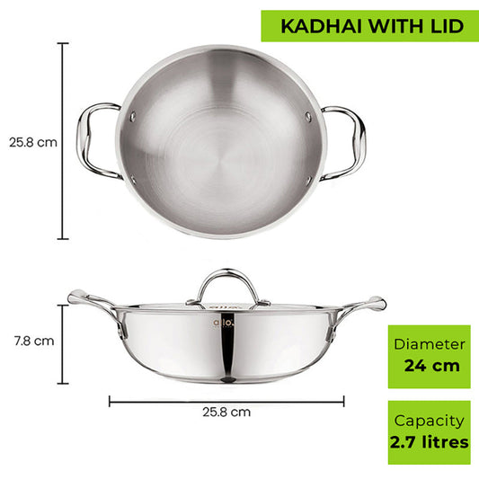 Allo Aria CookSafe Triply Stainless Steel Kadhai With Lid & Frypan |Non Stick | Set Of 2