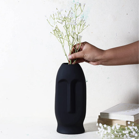 Modern Decorative Black Ceramic Face Shaped Vase | 10 inch