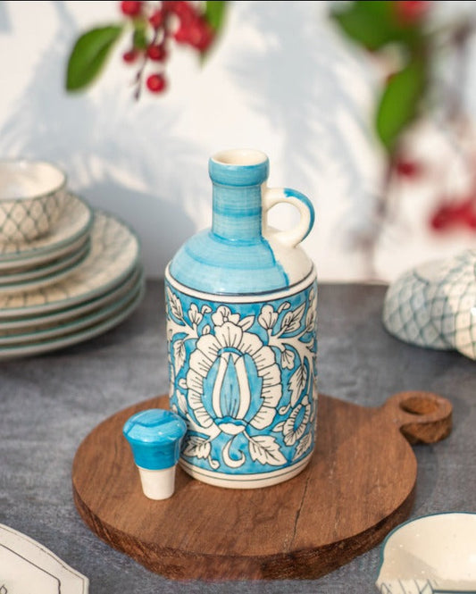 Ceramic Blue Floral Art Hand painted Oil Dispenser | 1 Liter