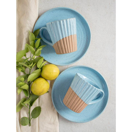 Blue Earthen Cups & Saucers | Set of 2