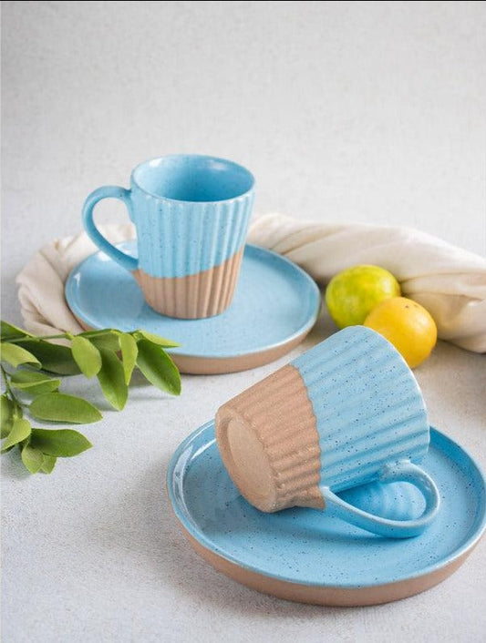 Blue Earthen Cups & Saucers | Set of 2