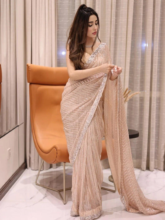 Peach Georgette Embroidery Sequence Saree